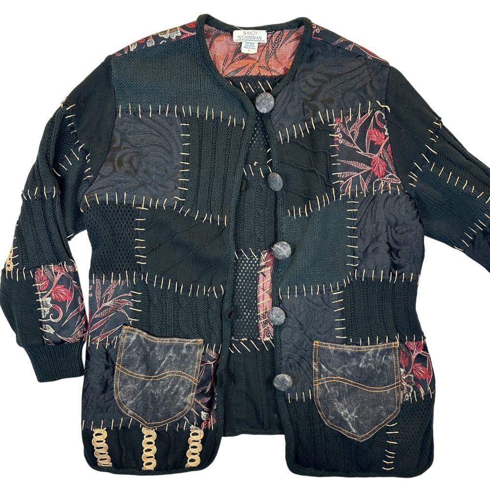 Sandy Starkman Vintage Patchwork Cardigan Sweater Black Floral Art to Wear Large